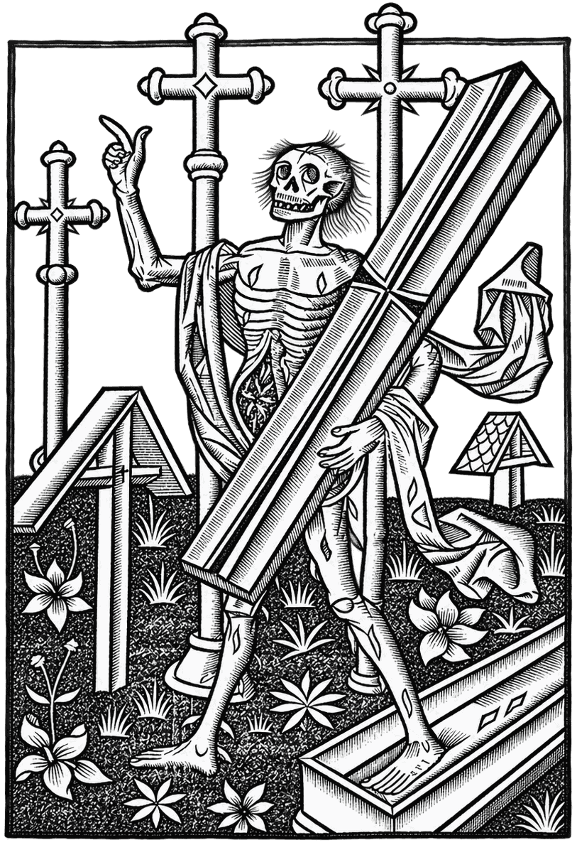 A skeleton climbing out of its grave, coffin lid on its shoulder